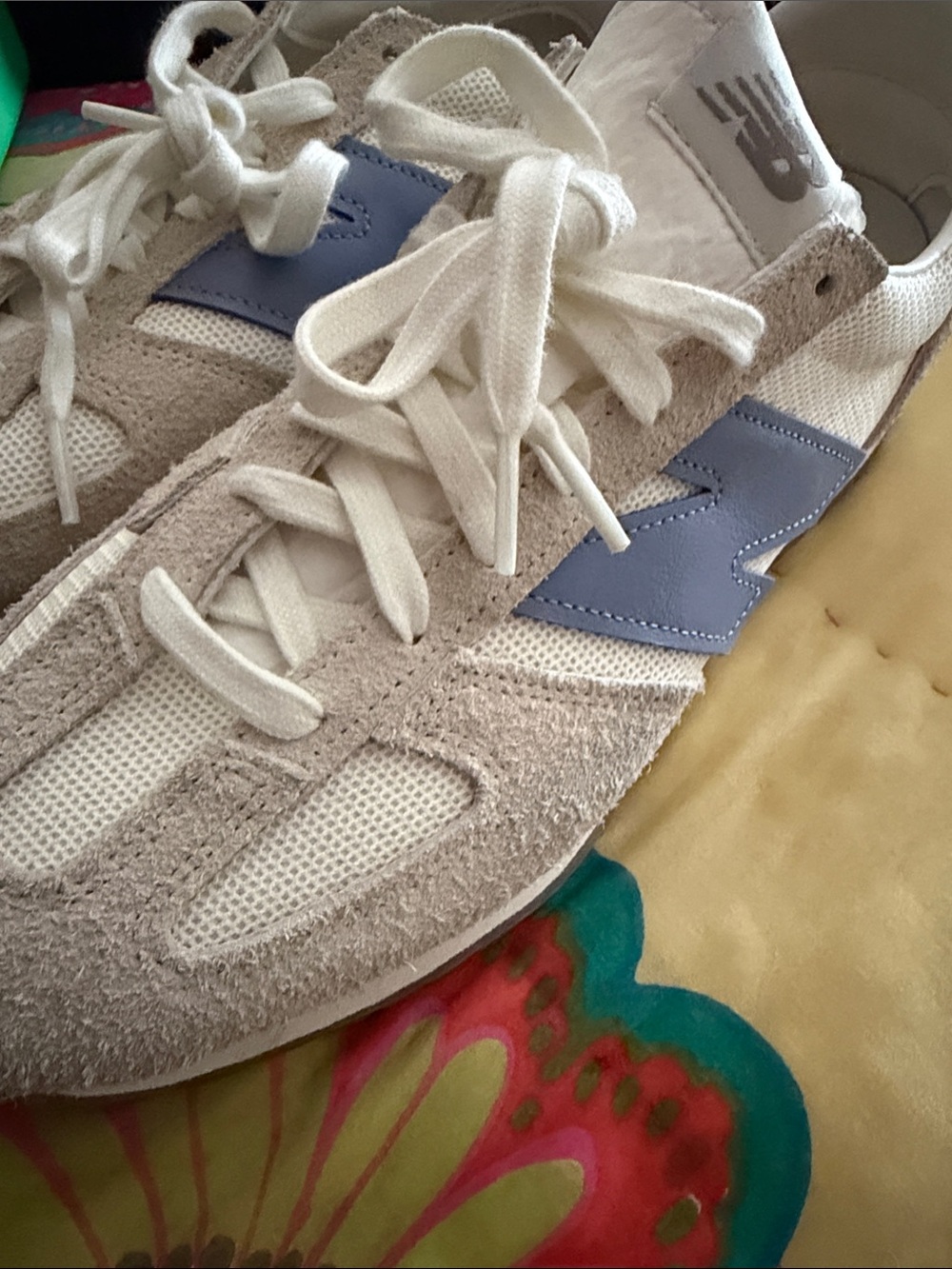 New Balance Cream Suede Mesh Sneakers with Blue Accent